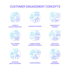 Customer engagement blue gradient concept icons set. Consumer and organization interaction idea thin line color illustrations. Isolated symbols. Roboto-Medium, Myriad Pro-Bold fonts used