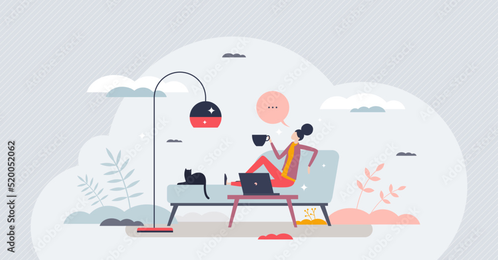 Poster hybrid workplace with working from home and distant job tiny person concept. remote desk and online 