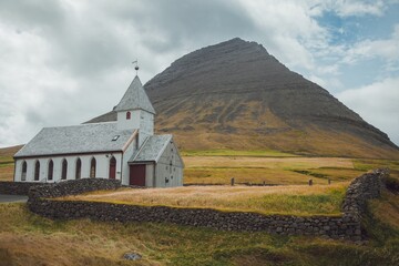 Fototapeta na wymiar The Vidareidi Church on Vidoy, Faroe Islands
