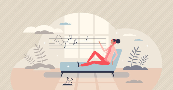 Music therapy and listening for psychological treatment tiny person concept. Anxiety and depression mind cure with sound frequencies and calm sounds for mental serenity experience vector illustration.
