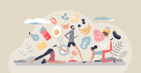 Sports nutrition and healthy product eating for fitness tiny person concept. Active lifestyle and slimming nourishment for energy, protein and vitamin balance vector illustration. Special food control