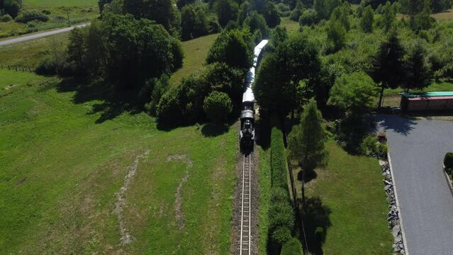 The old narrow-gauge train from Sovata resort - Romania filmed from above