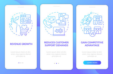 Customer engagement platform importance blue gradient onboarding mobile app screen. Walkthrough 3 steps instructions with linear concepts. UI, UX, GUI template. Myriad Pro-Bold, Regular fonts used
