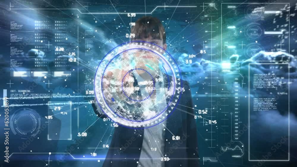 Aufkleber animation of data processing with scope scanning and caucasian businesswoman over sky with clouds