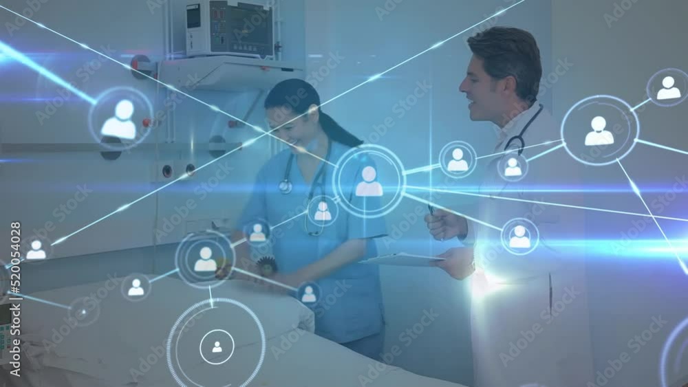 Poster animation of network of connections with icons and light trails over diverse doctors