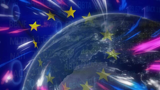 Animation of light trails and globe over flag of eu and stock market