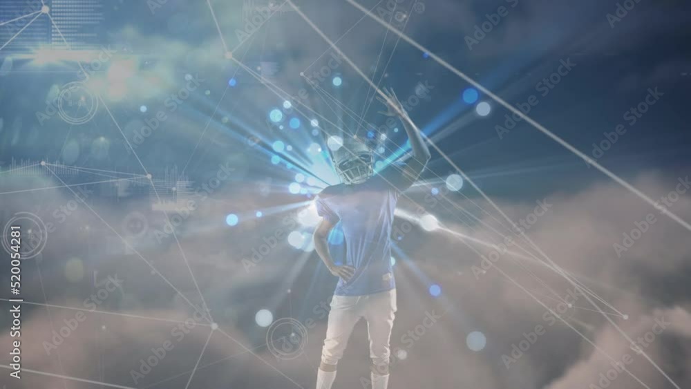 Aufkleber animation of data processing and clouds over caucasian rugby player