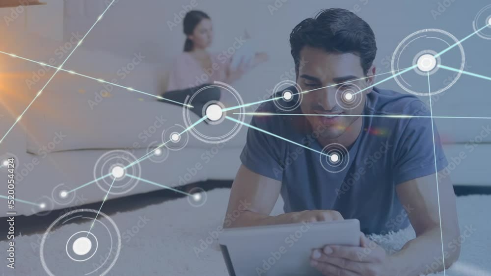 Poster animation of network of connections with icons over diverse couple using tablet