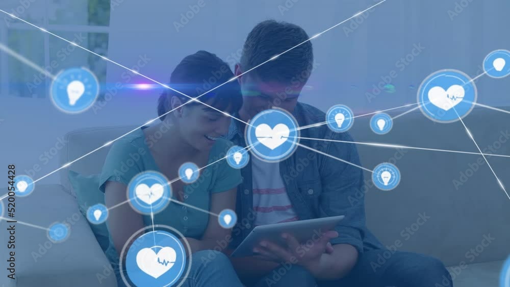 Poster animation of network of connections with icons over diverse couple using tablet