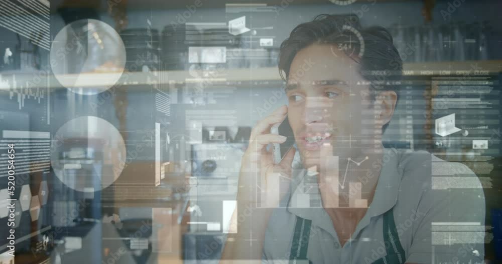Poster animation of data processing over caucasian businessman talking on smartphone