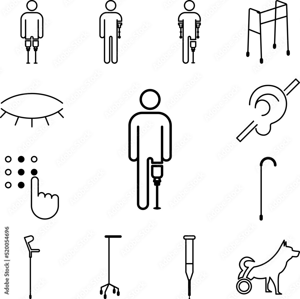 Poster man with leg prosthesis icon in a collection with other items