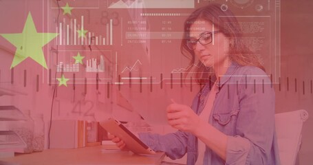 Animation of data processing and flag of china over caucasian businesswoman using tablet - Powered by Adobe