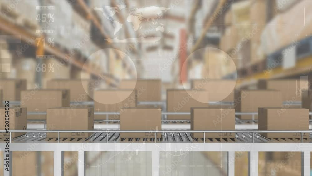 Poster animation of data processing over boxes on conveyor belt in warehouse