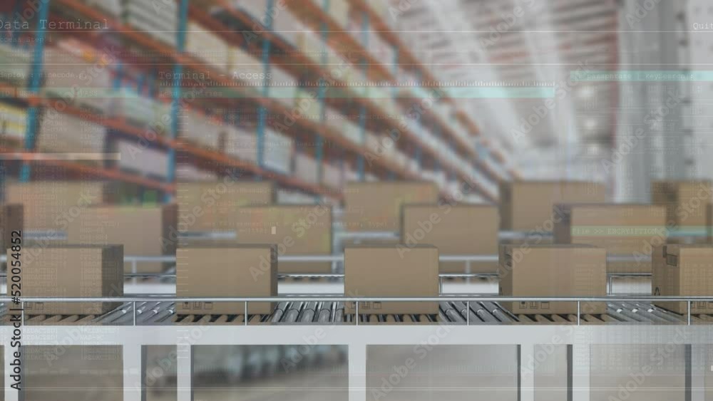Poster animation of data processing over boxes on conveyor belt in warehouse