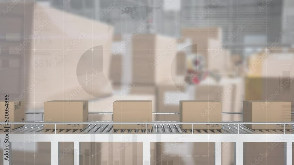 Poster animation of data processing over boxes on conveyor belt in warehouse