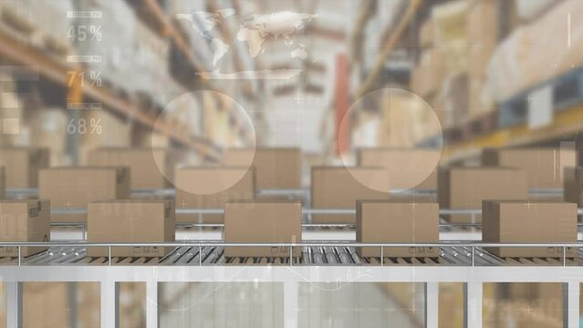 Animation of data processing over boxes on conveyor belt in warehouse