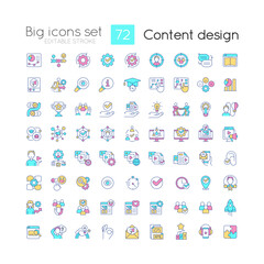 Content design RGB color icons set. Creating materials for business promotion. Isolated vector illustrations. Simple filled line drawings collection. Editable stroke. Quicksand-Light font used