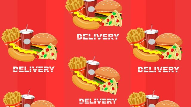 Delivery foods pizza, burger, hot dog, soda service animation
