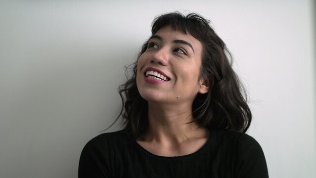 One Happy Delighted Female Hispanic Young Woman Smiling. Portrait Face Closeup Of Positive Latin Girl