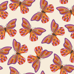 Fototapeta na wymiar Seamless vector pattern with colorful groovy butterfly. 60s and 70s vibes psychedelic background. Cartoon insect texture