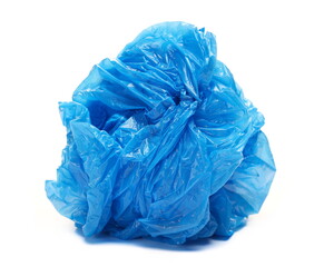 Fototapeta premium Blue crumpled plastic shopping, grocery bag ball isolated on white 