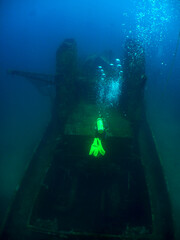 underwater scene , ship wreck , scuba diver, Venezuela