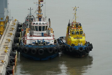Two tugboats with blue hull and white and yellow superstructure moored to pier with fenders in port...