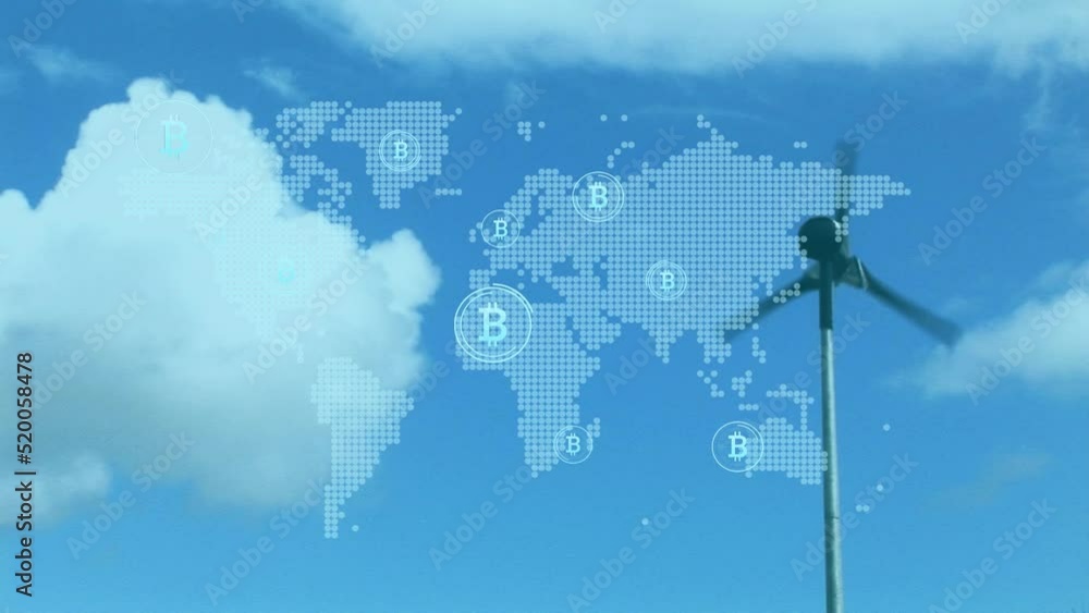 Poster animation of falling bitcoin sings with world map over windmill