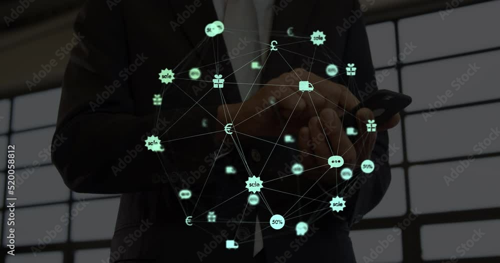 Poster animation of network of connections over person using smartphone