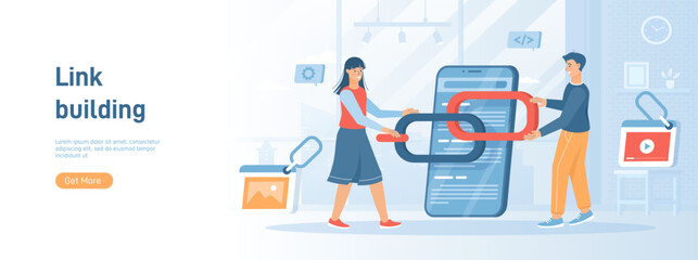 Link building between website pages. Search engine optimization concept, SEO. People holding chain on bowser window. Flat concept great for social media promotional material. Website banner 