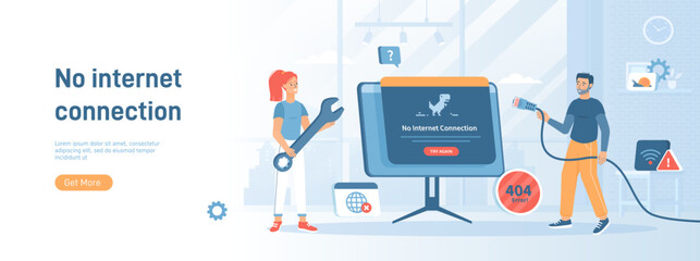 No Internet Connection. Web page not loading. Offline error, No Wi-Fi signal. The network cable is disconnected. Flat concept great for social media promotional material. Website banner background. - obrazy, fototapety, plakaty