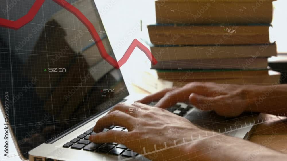 Aufkleber animation of financial data processing over person using laptop