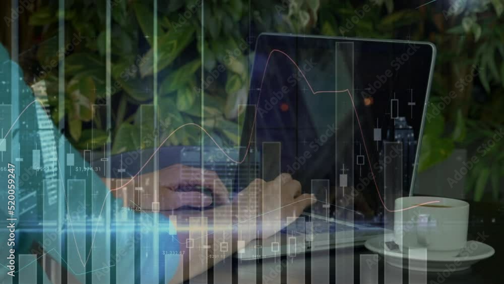 Poster animation of financial data processing over person using laptop