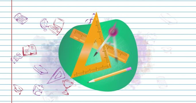Animation of falling school supplies over lined sheet
