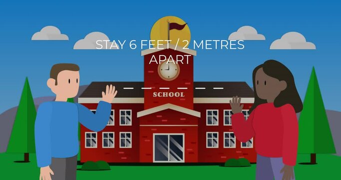 Animation of stay 6 feet text over two pupils