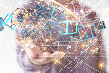 network holding in hand 3d connection data