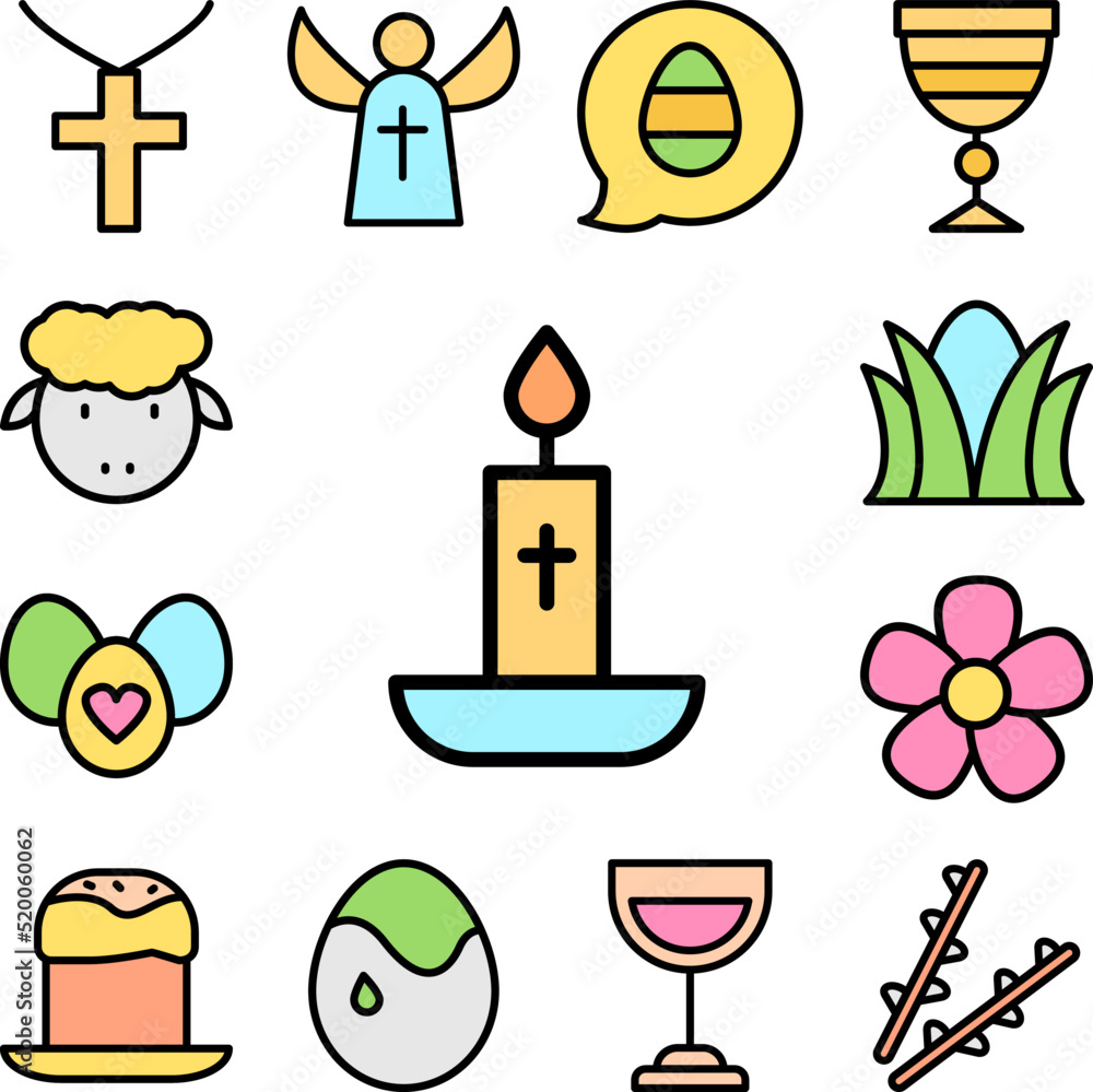 Poster candle cross outline color icon in a collection with other items
