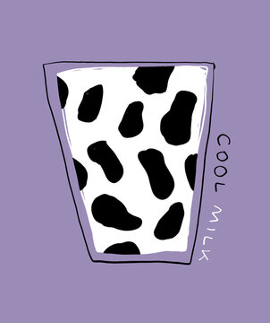 Cool Milk.Funny Vector Illustration with Glass of White Milky Drink. Hand Drawn Abstract Doodle Print with Milk Glass on a Violet Background. Sweet Nursery Art ideal for Wall Art, Poster, Card.