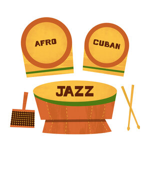 Afro Cuban Latin Jazz Music Conga Bongos Latin Cabasa Drums Percussion Vintage Retro Illustration