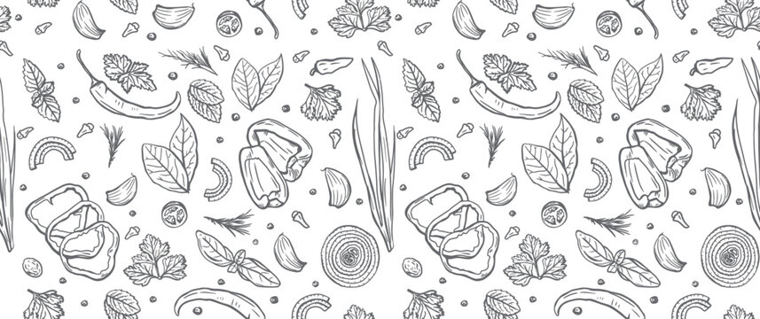 Spices And Herbs And Vegetables Seamless Pattern