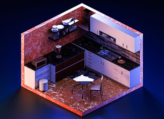 3D illustration isometric high quality kitchen open inside interior architecture, 3D rendering cute design. Room includes table, chair, dustbin, microwave, etc