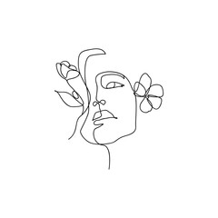 Face woman line drawing art with floral
