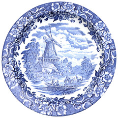 Old Blue and white ceramic plates with traditional Dutch landscape, canals, boats, windmills, isolated - 520062644