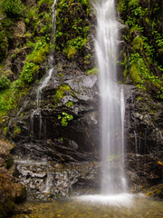 Detalle de una cascada de un rio de montaña que cae entre rocas y vegetación verde.