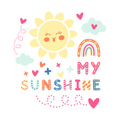 Gentle spring children's vector poster in scandinavian style. Cute pastel elements: sun, clouds, rainbow, hearts and inscription for prints, backgrounds, patterns, wraps, postcards, textiles, decor