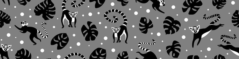 Seamless pattern with cute cartoon lemurs and monstera leaves. Tropical background. Vector illustration. © Alisa