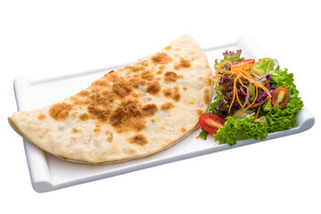 Pizza Puff with salad served in a dish isolated on plain white background side view of fastfood