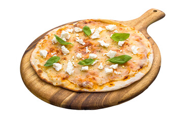 Triple Cheese Pizza isolated on wooden cutting board on plain white background side view of fastfood