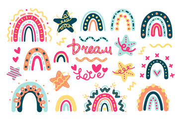 Bright cheerful vector collection in scandinavian cartoon style. Colorful rainbows, stars, inscriptions and doodles for posters, prints, patterns, textiles, decor, interior, wrappers, postcards, kids