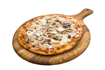 Cream mushroom pizza isolated on wooden cutting board on plain white background side view of fastfood